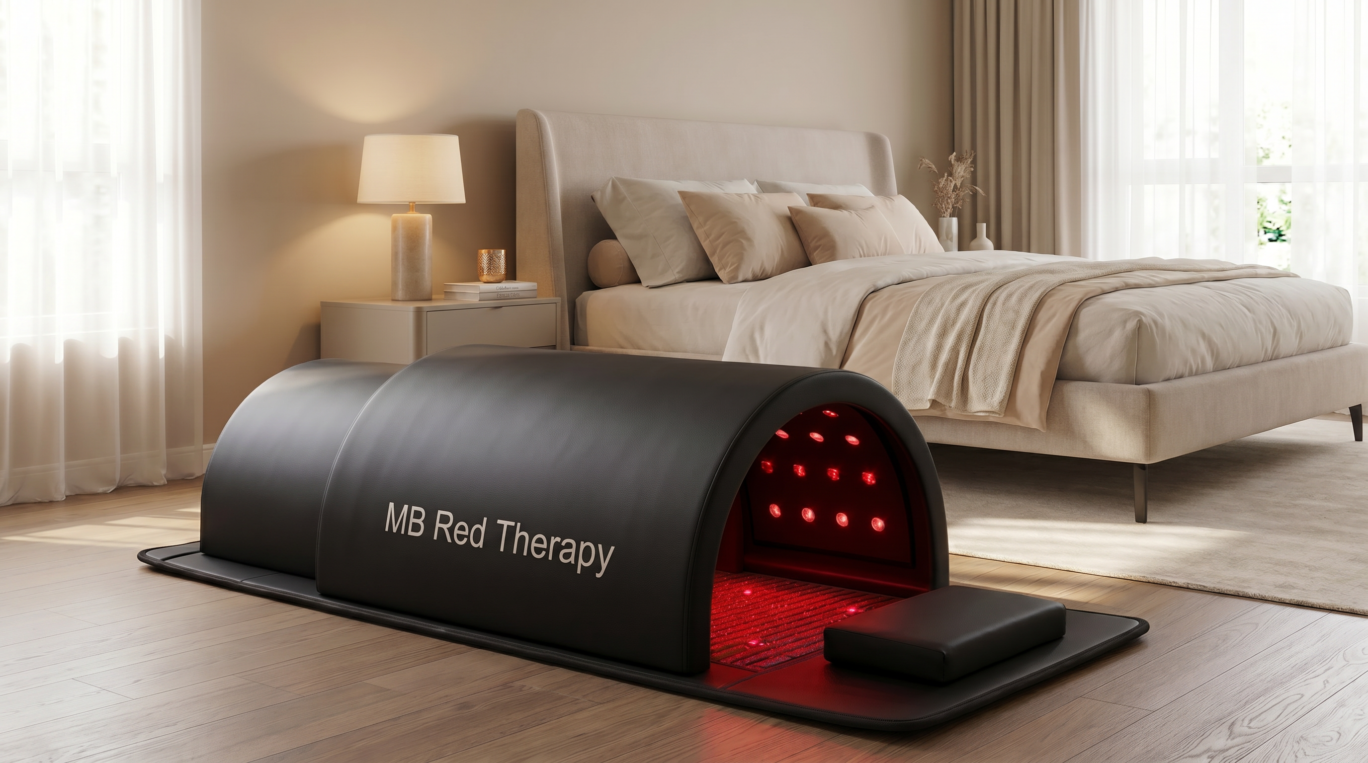 MB Red Therapy dome placed in a premium bedroom recovery setup