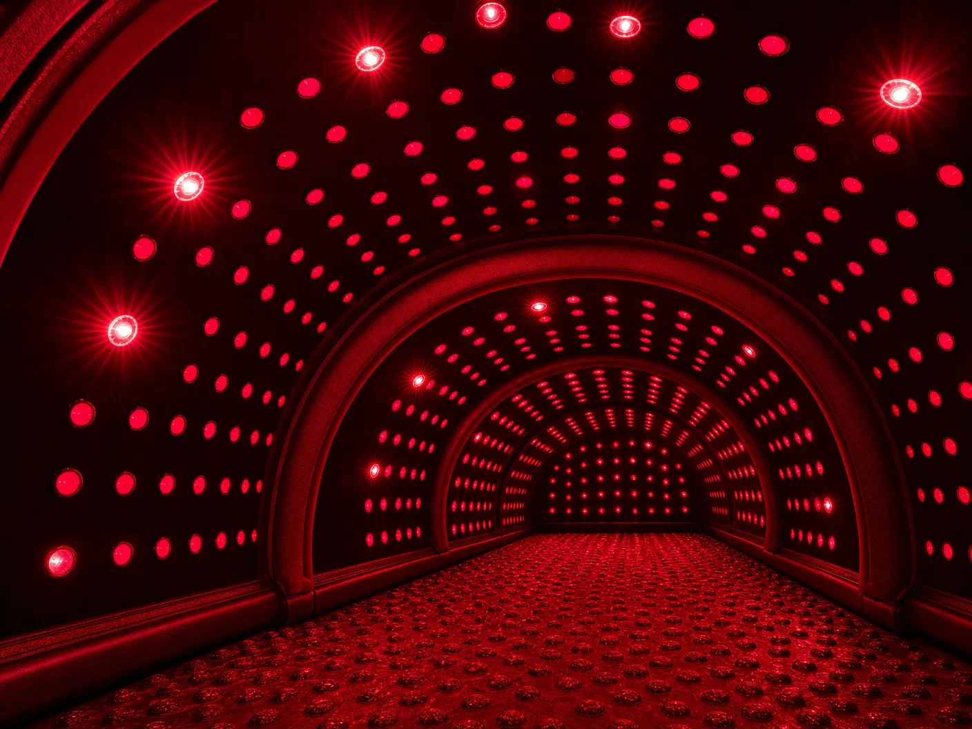 Dense red and infrared LED lights glowing inside the MB Red Therapy dome tunnel